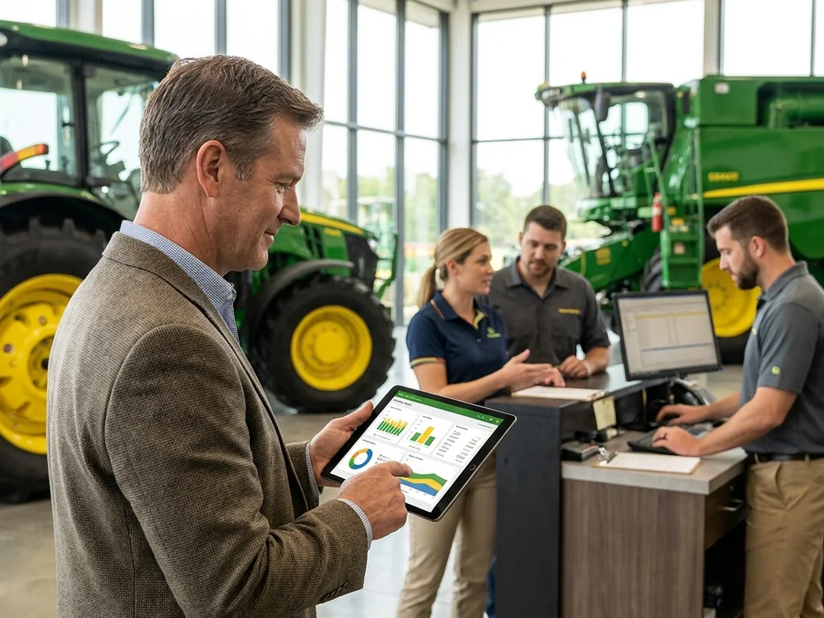 Dealership manager checking sales on a tablet while staff work the counter, with tractors and a combine in the showroom