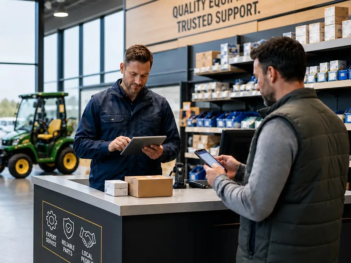 Parts counter employee working on a tablet while a customer pays by phone, with compact tractors in the showroom