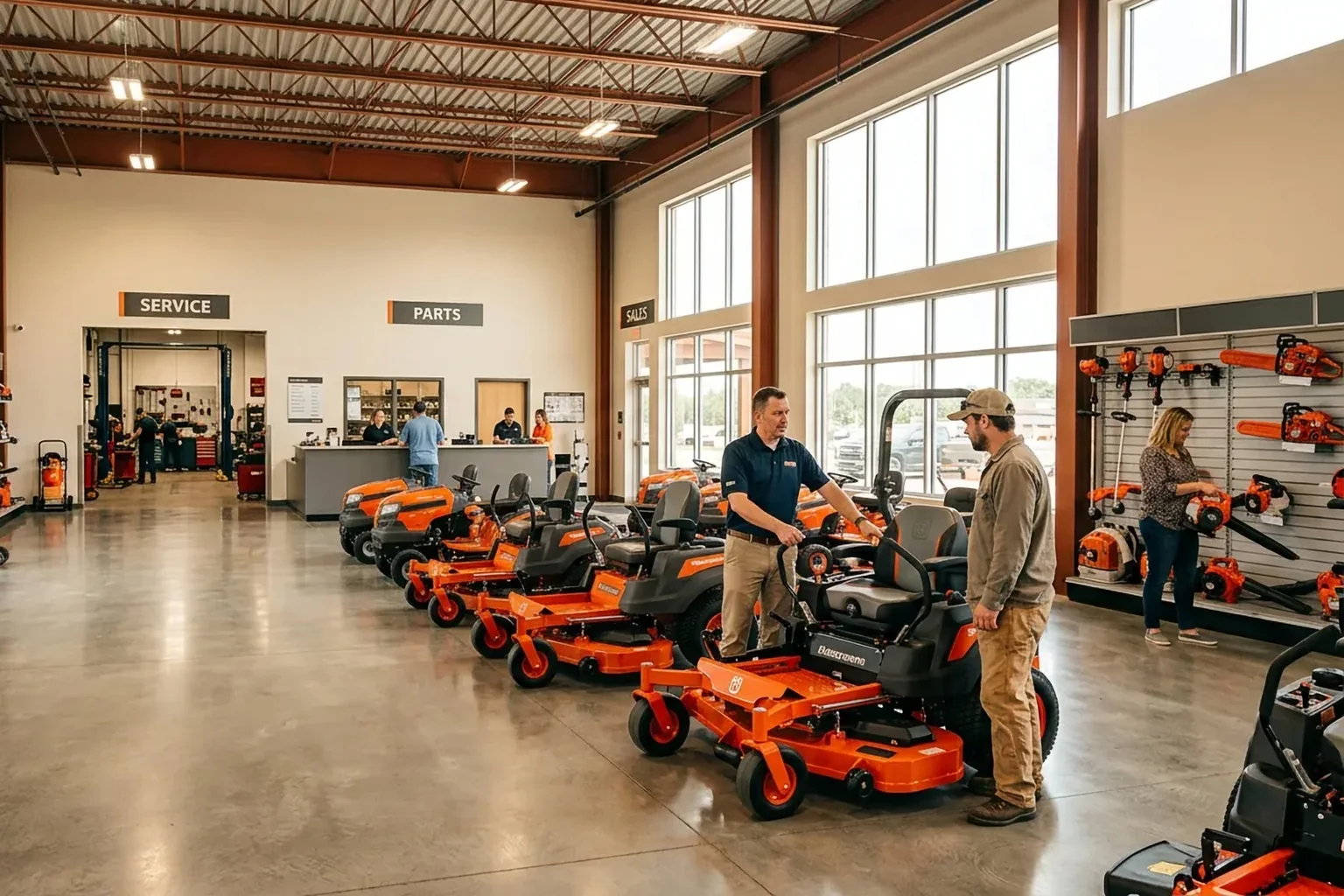 Dealership staff with a customer beside a row of orange zero-turn mowers in the showroom