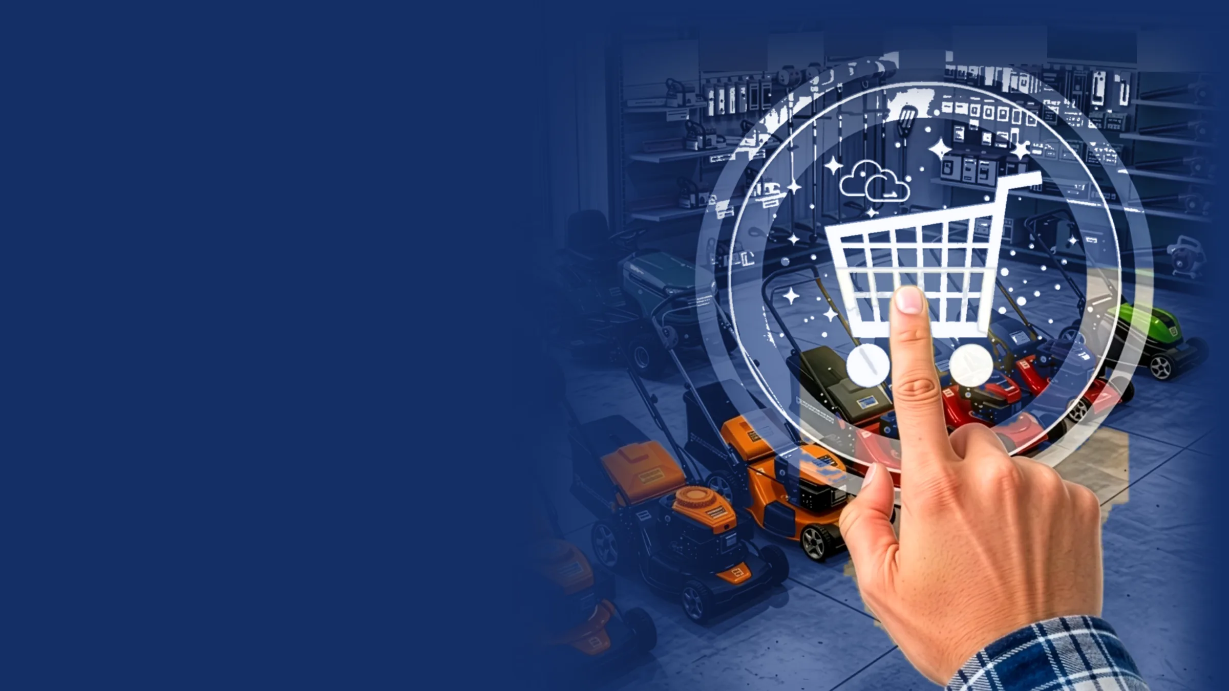 Finger tapping a shopping cart icon in a dealership showroom full of mowers and handheld equipment