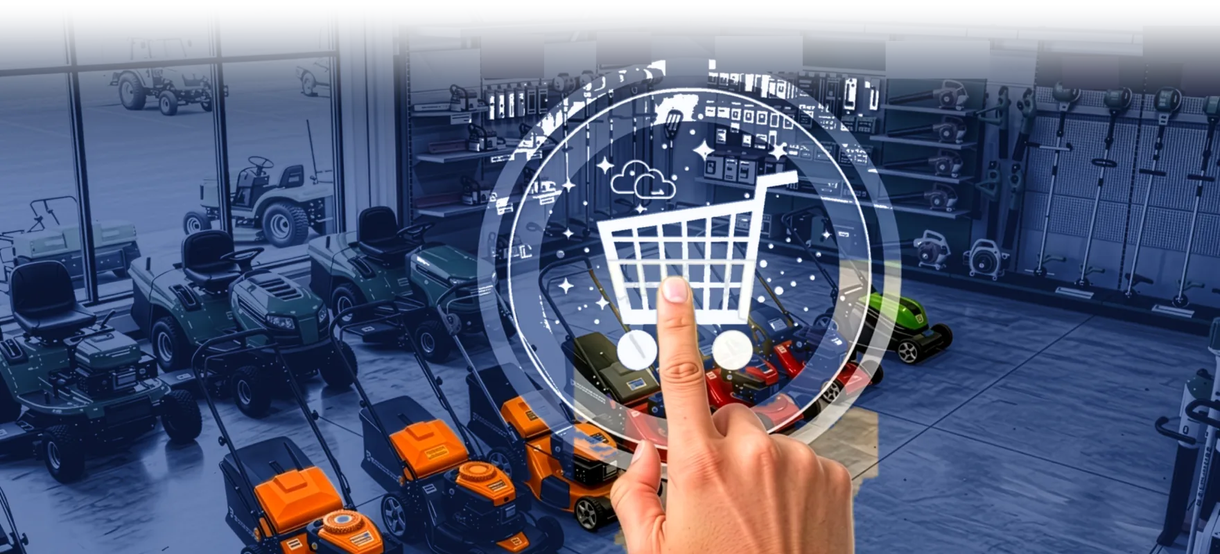 Finger tapping a shopping cart icon in a dealership showroom full of mowers and handheld equipment