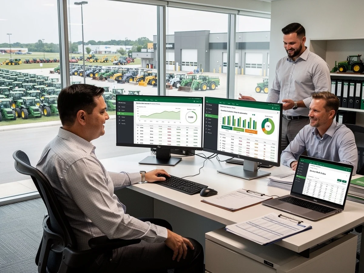 Dealership office team reviewing Flyntlok dashboards with tractors on the lot outside