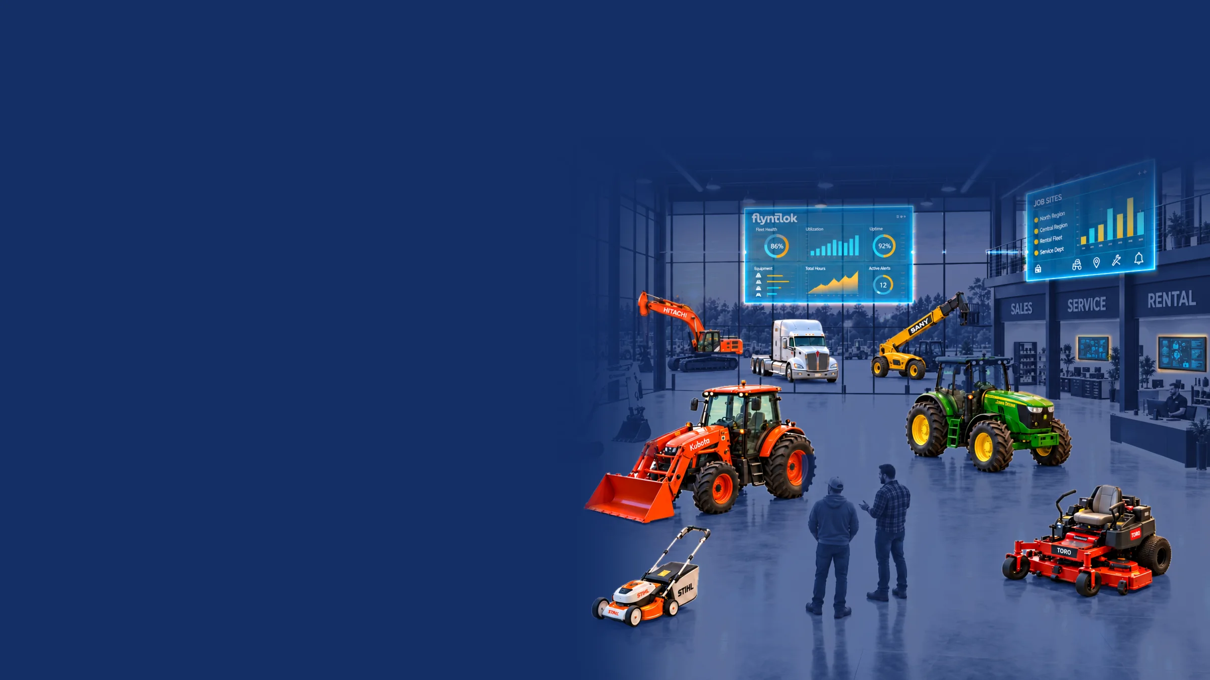 Equipment dealership showroom with Kubota, John Deere, Hitachi, SANY, STIHL, and Toro machines, a Kenworth truck, and live Flyntlok dashboards
