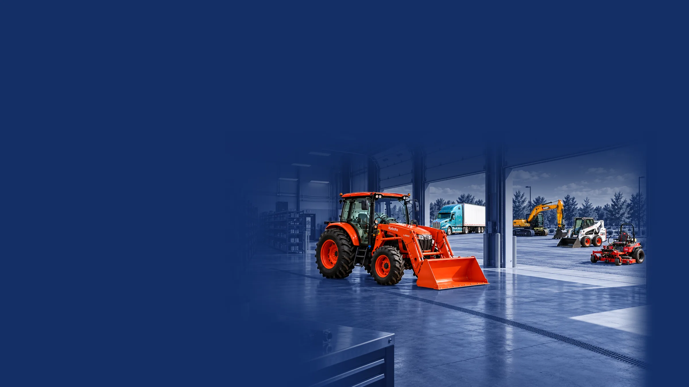Kubota tractor with a front loader in an equipment dealership shop beside parts shelves, with a truck, SANY excavator, Bobcat skid steer, and Toro mower in the yard