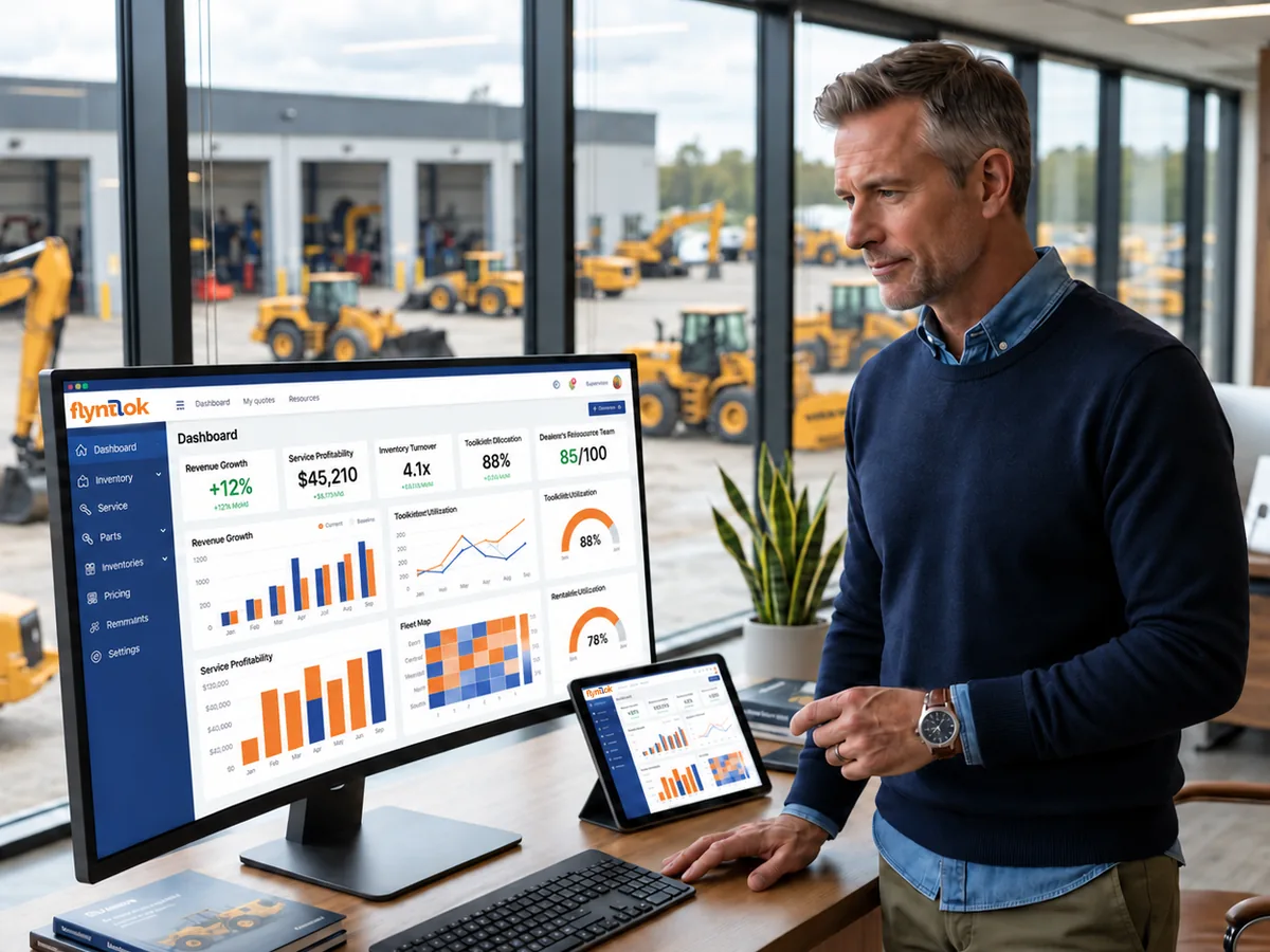 Dealer reviewing a Flyntlok dashboard in the office, with Volvo machines on the lot outside