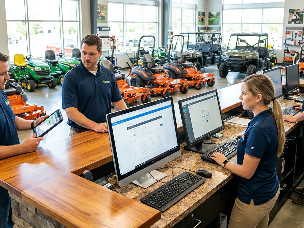 Dealership staff at the sales counter with tablets and computers, zero-turn mowers in the showroom behind them