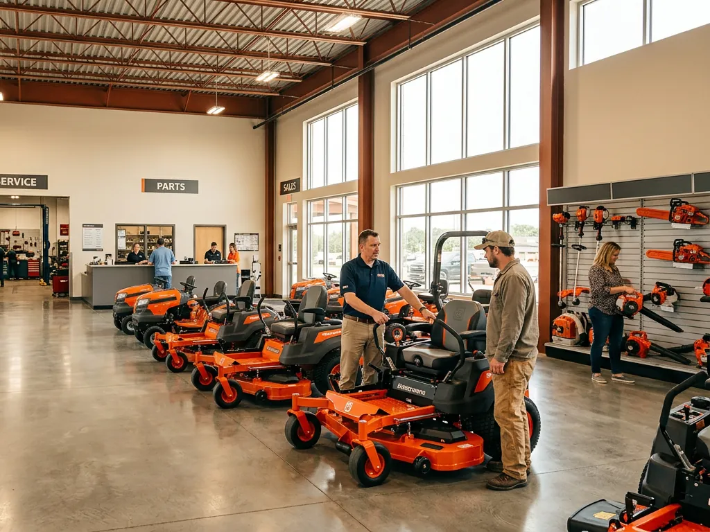 Dealership showroom with rows of orange zero-turn mowers and staff helping customers