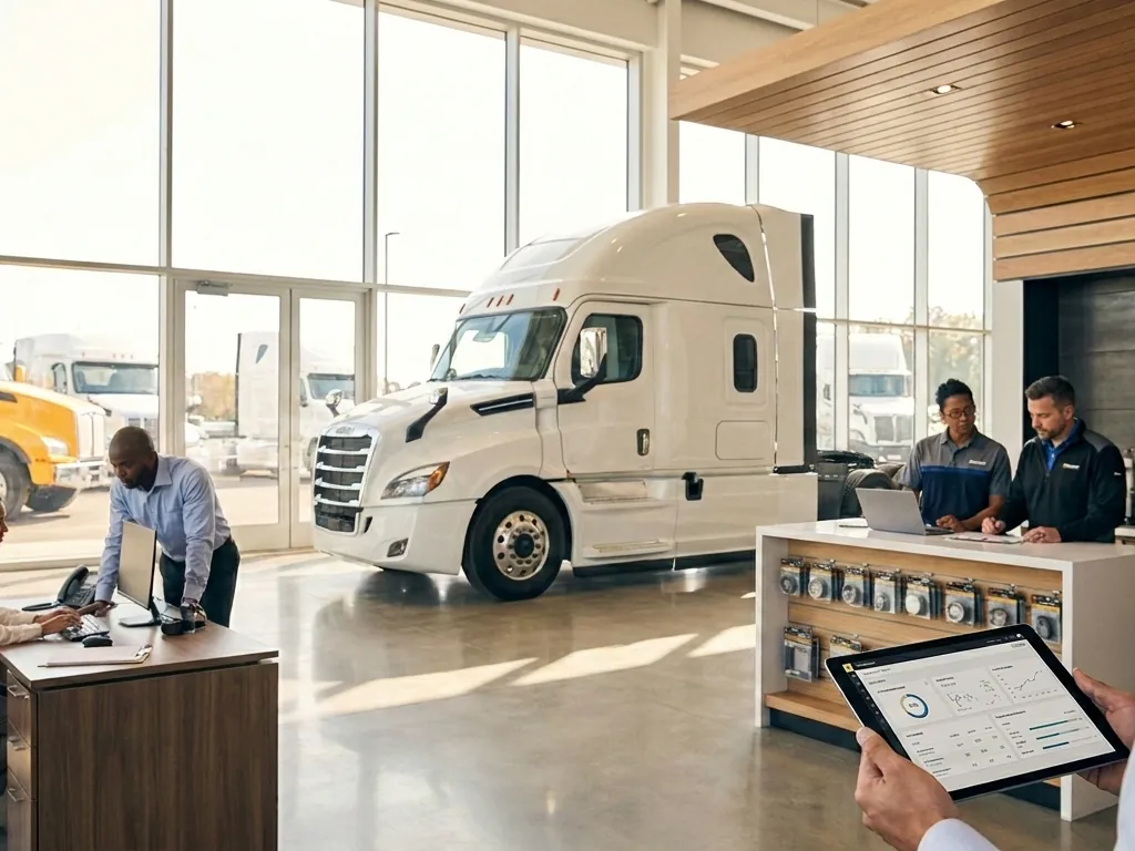 Truck dealership showroom with a new semi tractor, staff at the sales desk and parts counter, and a manager checking a tablet