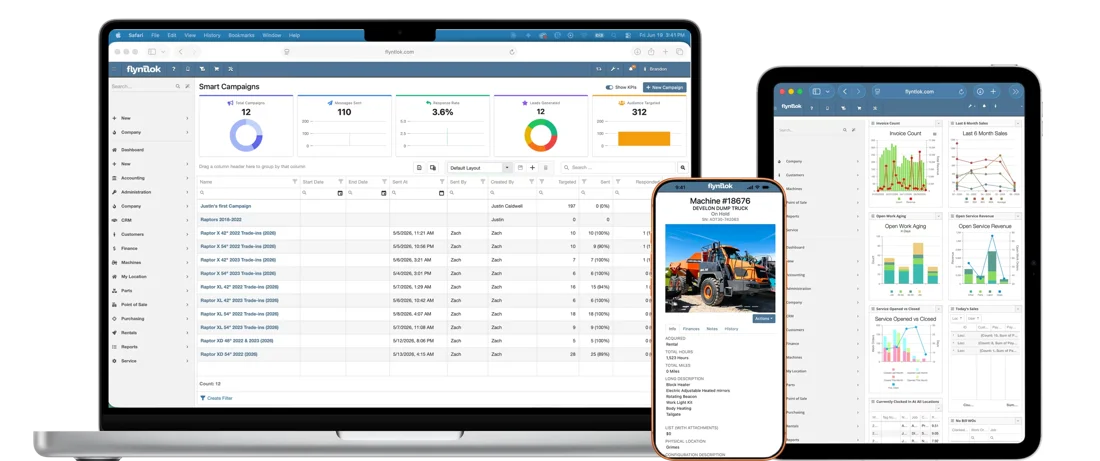 Flyntlok Smart Campaigns and a machine record on a laptop, phone, and tablet