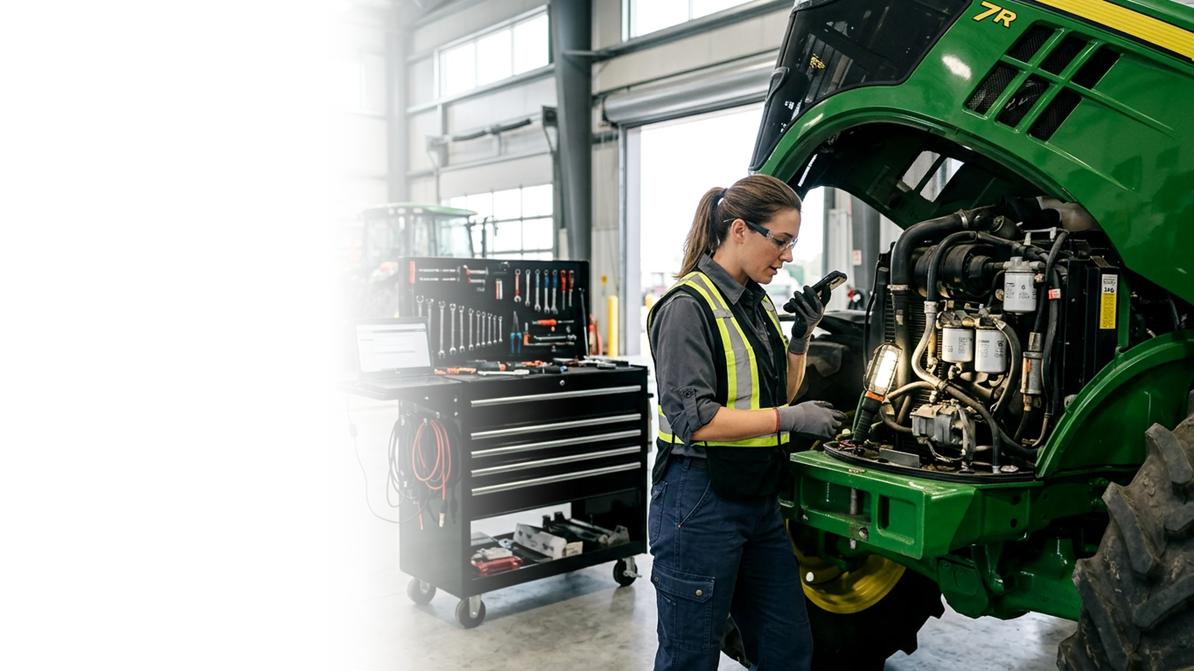 Technician in a safety vest recording a voice note on her phone beside an open John Deere tractor in the service shop