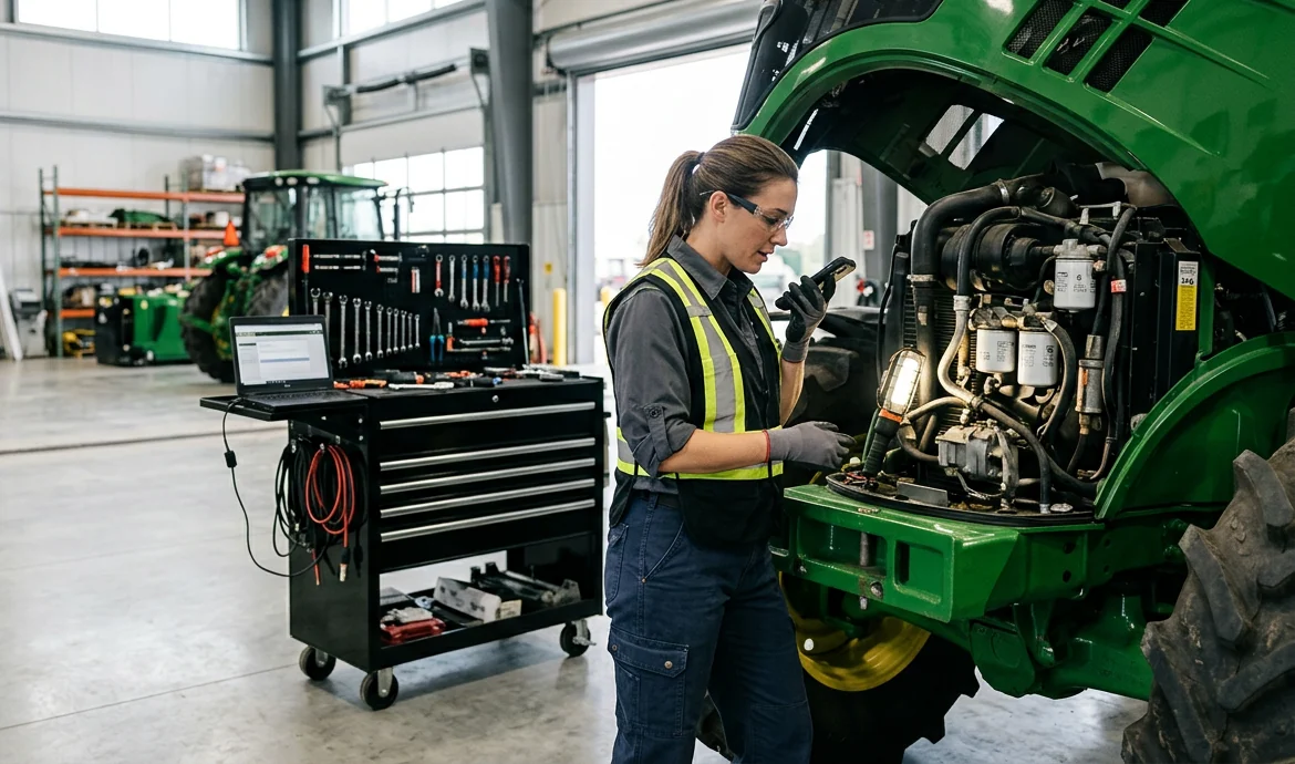 Technician in a safety vest working on a tractor engine in the service shop