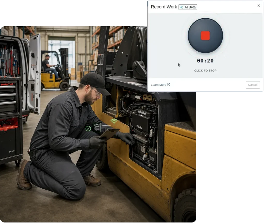 Technician working on a forklift while the Smart Tech Notes recorder runs on the work order