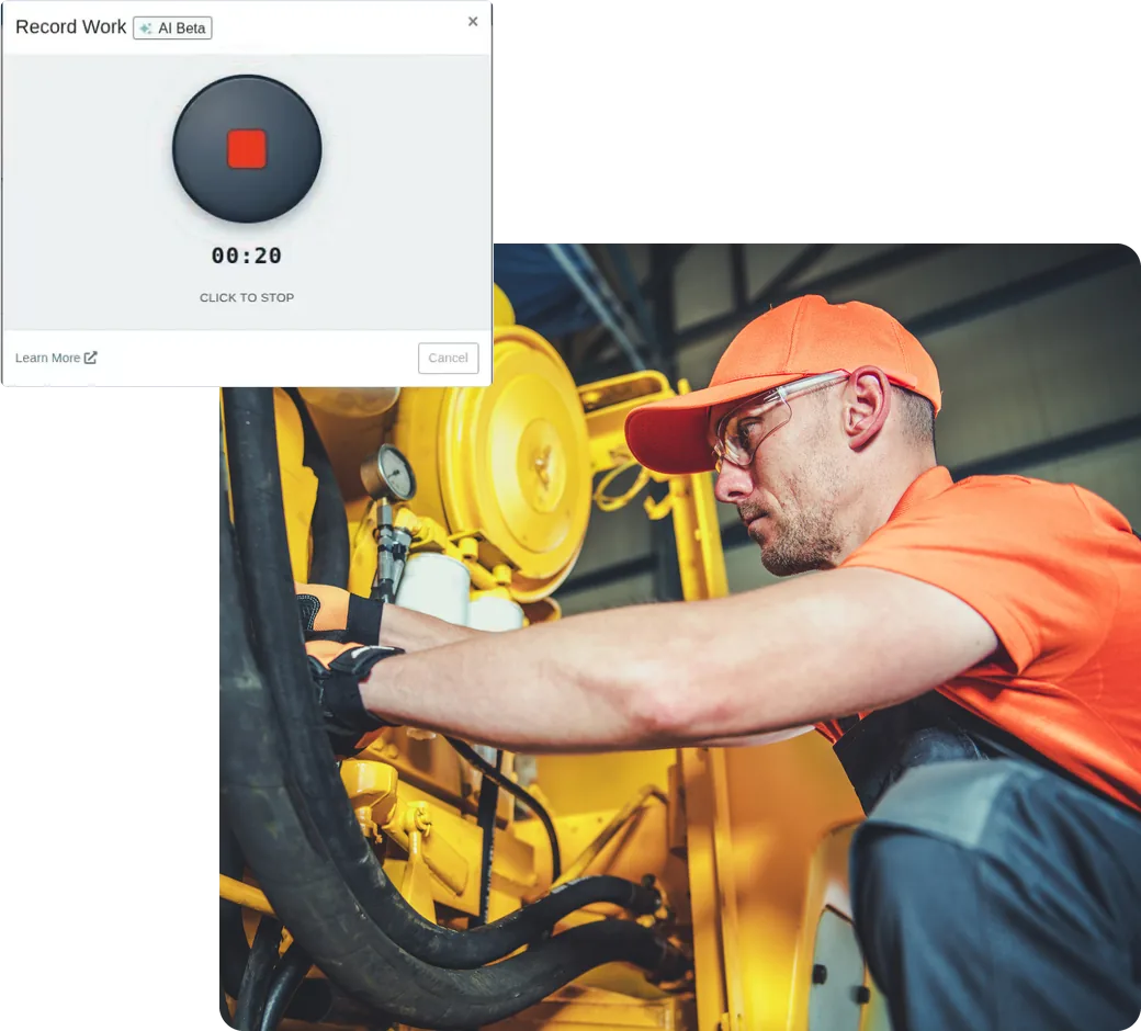Technician working on hydraulic hoses while the Smart Tech Notes recorder runs on the work order