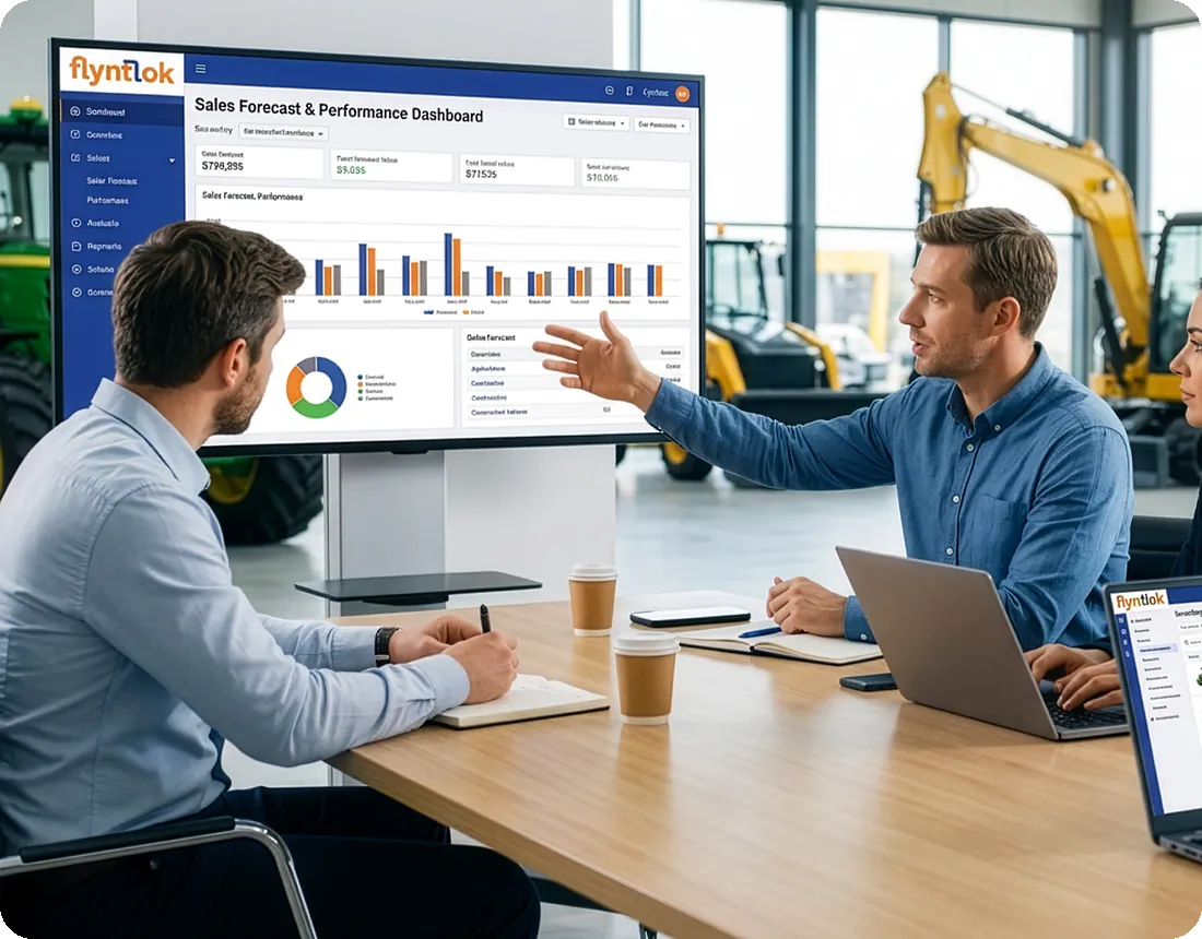Two dealership managers reviewing a Flyntlok Sales Forecast and Performance Dashboard on a large screen