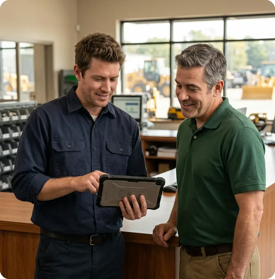 Two dealership employees smiling at a rugged tablet at the parts counter
