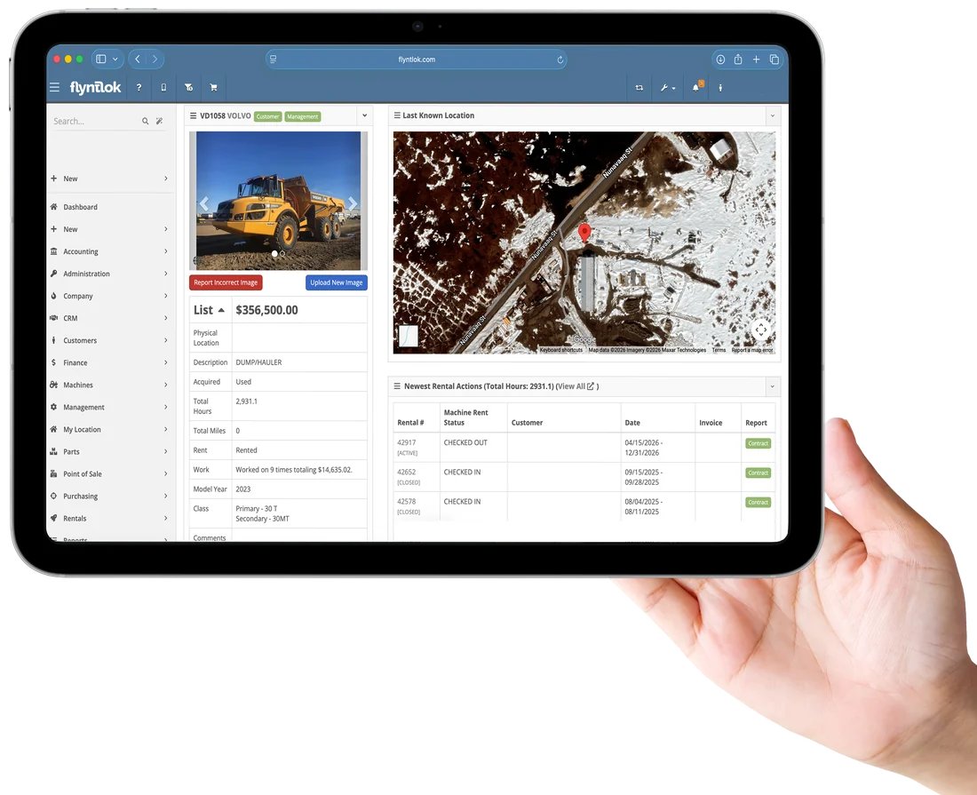 Tablet showing a Flyntlok machine record with telematics hours and the machine's last known location