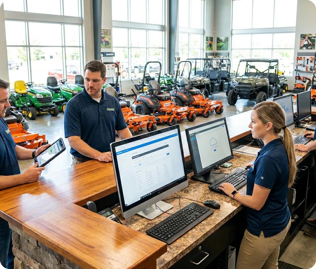 Outdoor power equipment dealership staff working at front counter computers