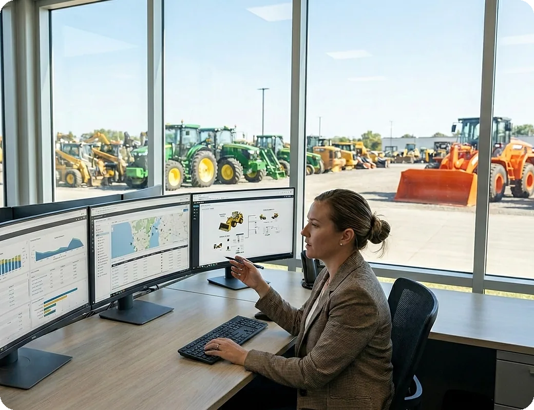 Dealership manager reviewing Flyntlok dashboards on three monitors in an office that overlooks the equipment lot