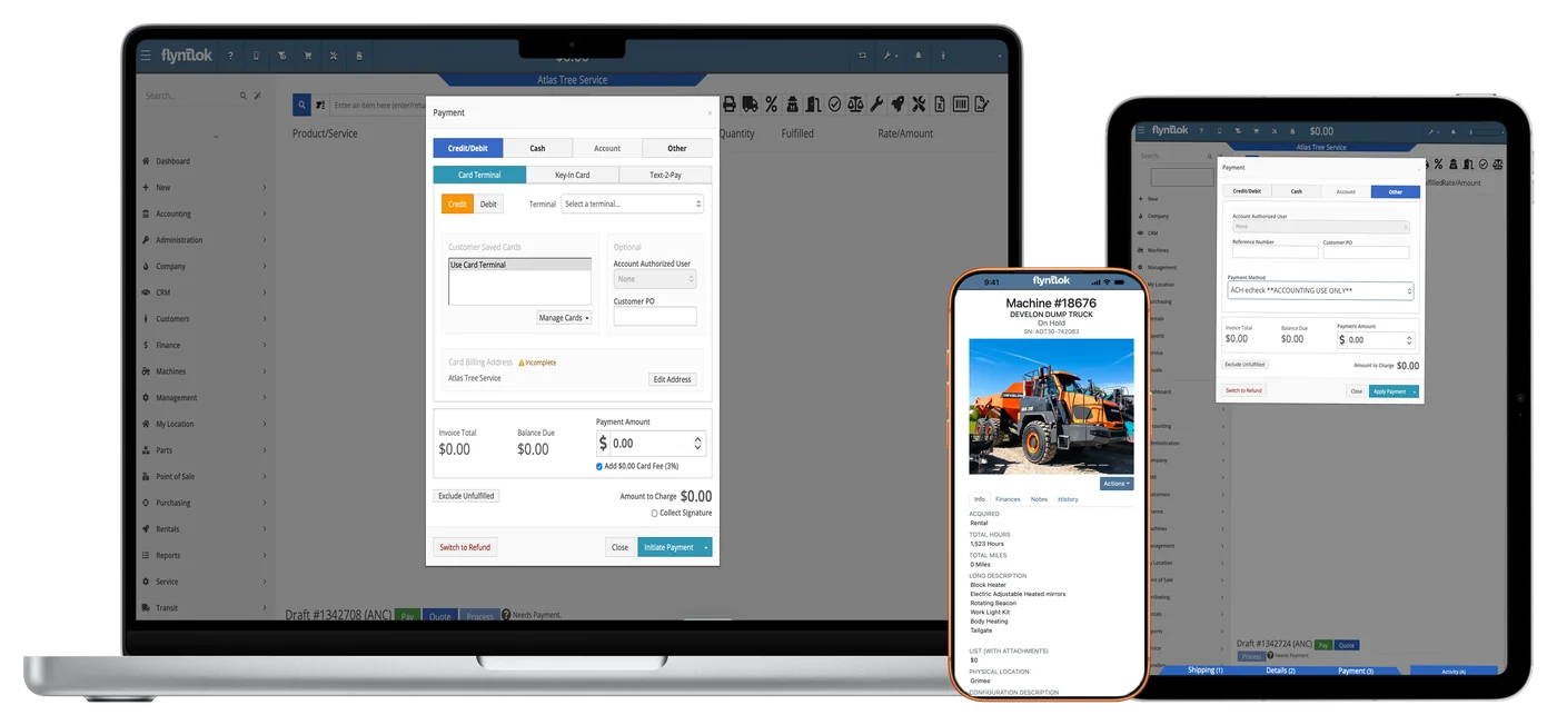 Flyntlok payment screens on a laptop, a tablet, and a phone