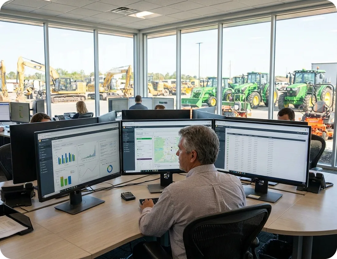 Dealership owner reviewing reports across three monitors, with equipment on the lot outside