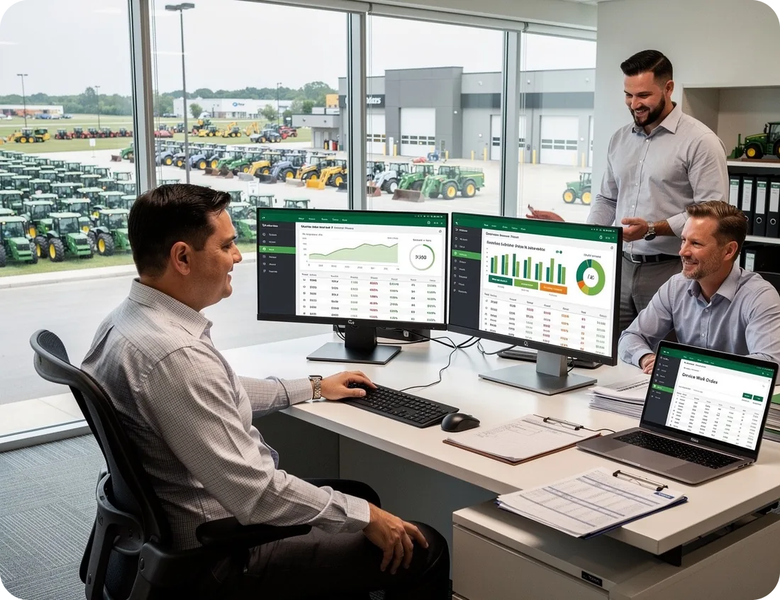 Dealership controller reviewing financial dashboards with two colleagues, with tractors on the lot outside