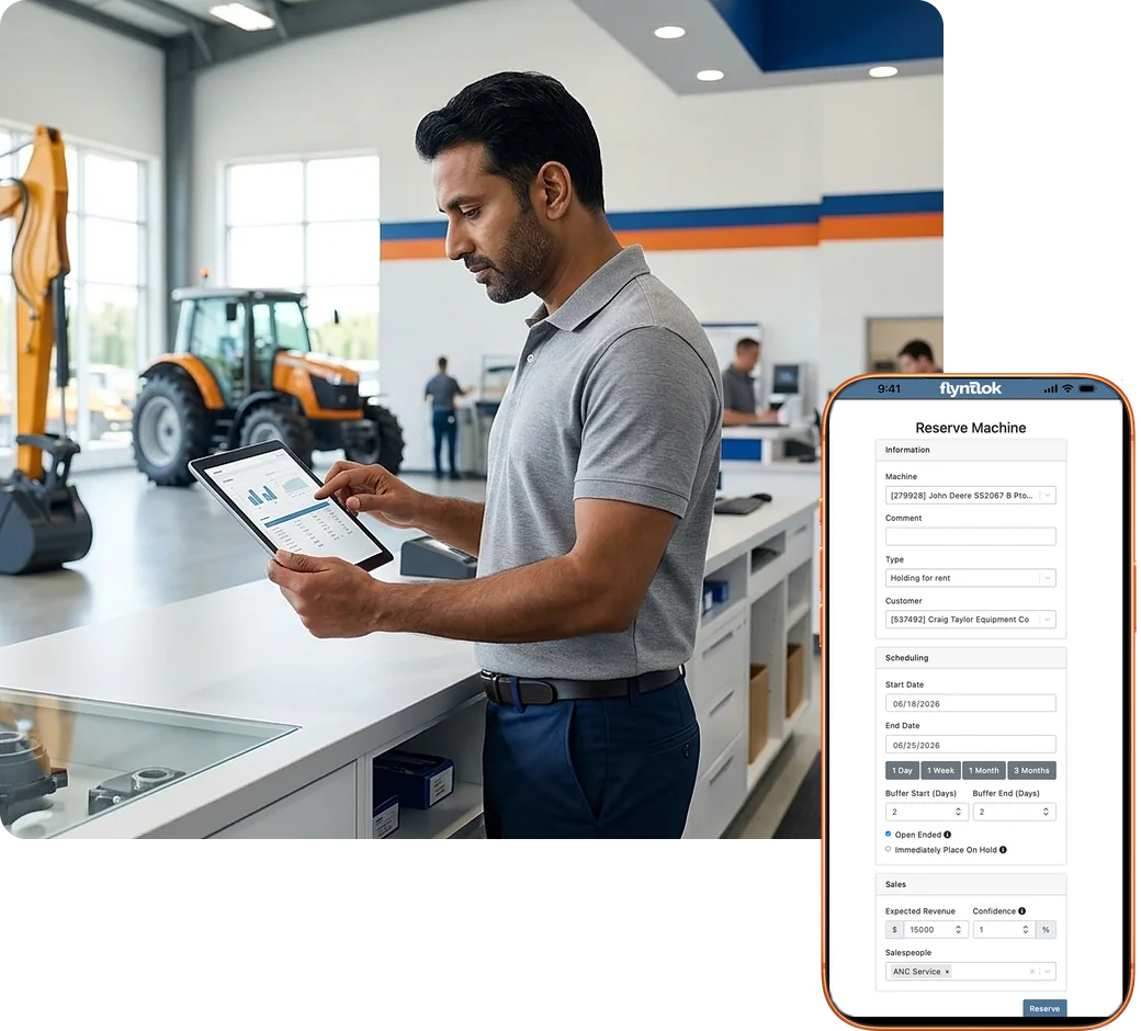 Rental counter employee checks machine availability on a tablet, beside the Flyntlok Reserve Machine screen on a phone