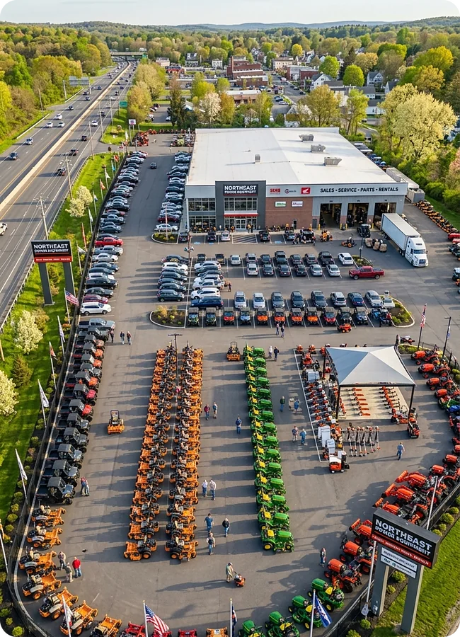 Aerial view of an equipment dealership with rows of mowers and tractors on the lot