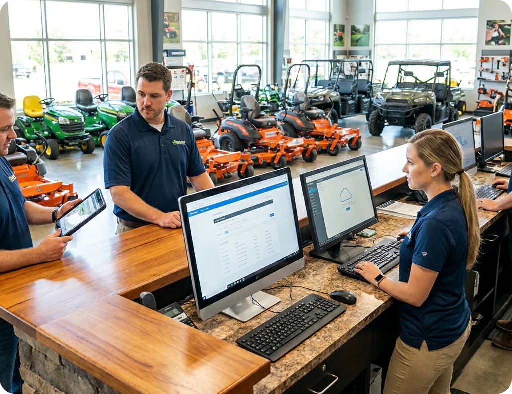 Counter staff ringing up sales at a dealership front counter, with zero-turn mowers and lawn tractors in the showroom
