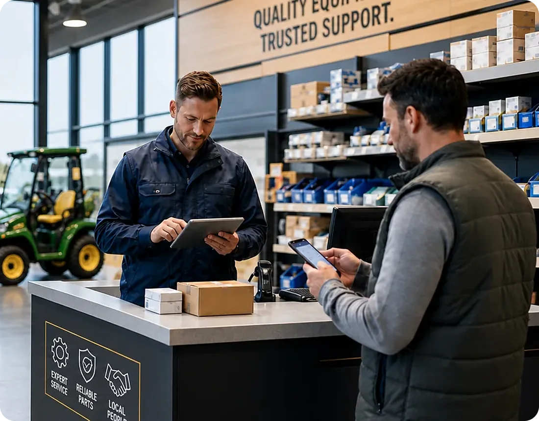 Parts counter employee ringing up a sale on a tablet while the customer pays from his phone