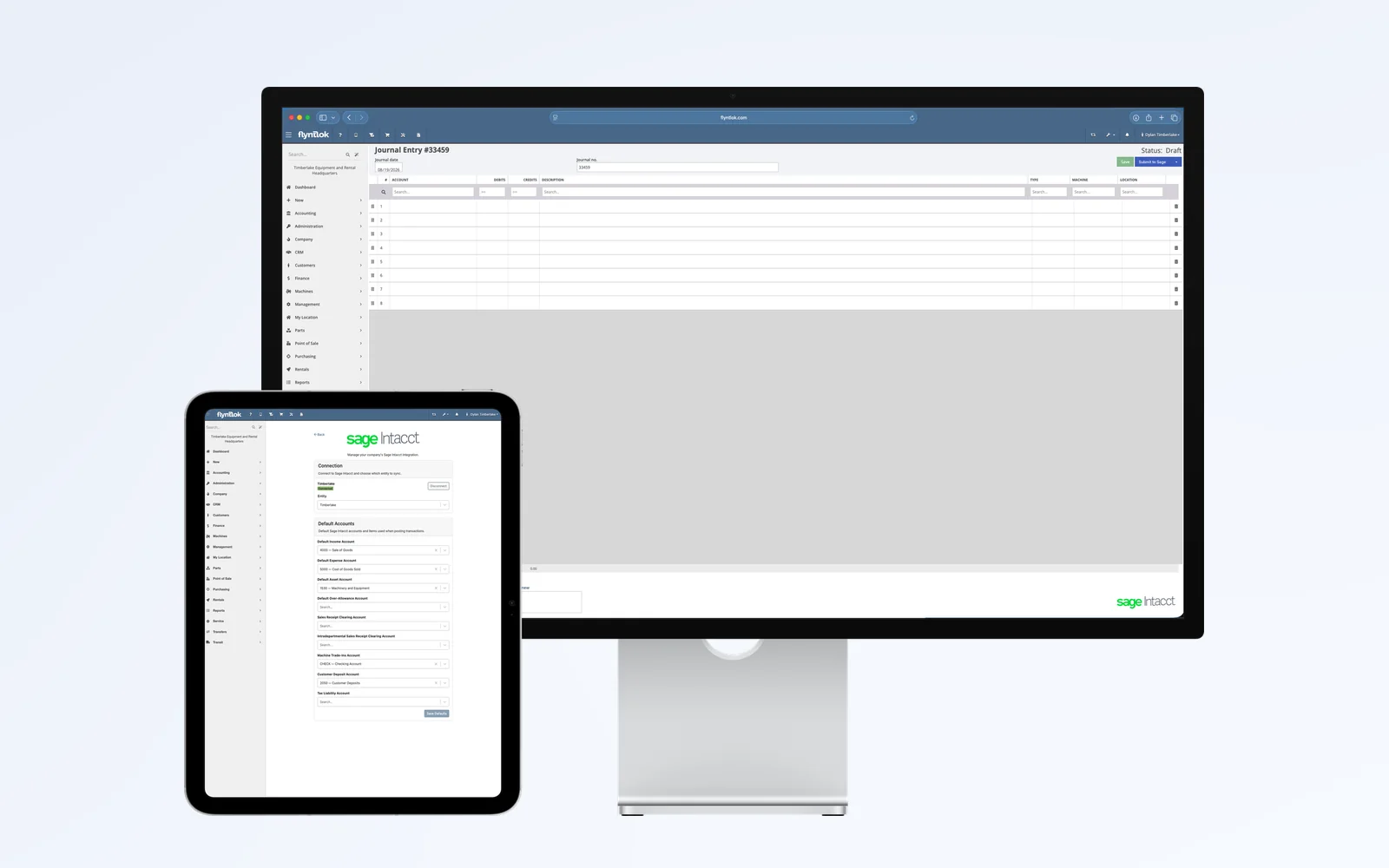 Flyntlok's Sage Intacct settings on a tablet and a journal entry on a desktop monitor