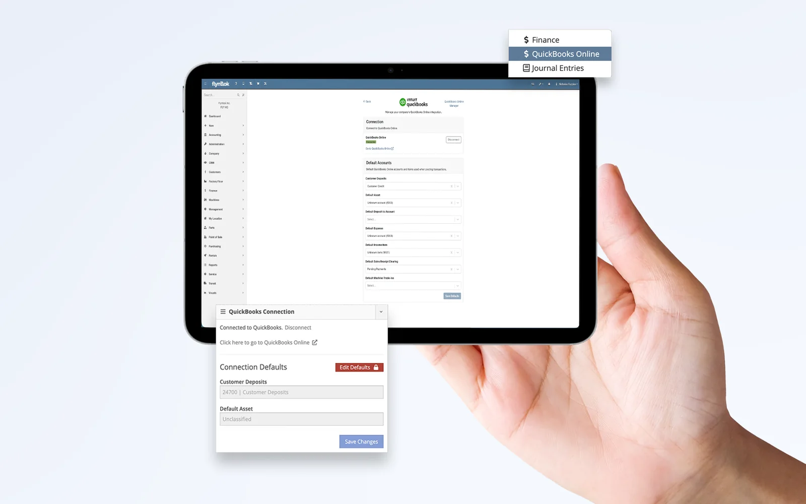 Flyntlok's QuickBooks Online settings on a tablet, with the QuickBooks connection and default accounts