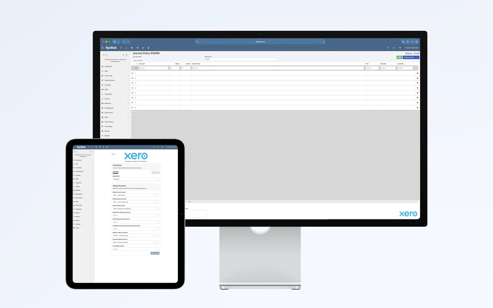 Flyntlok's Xero settings on a tablet and a journal entry on a desktop monitor