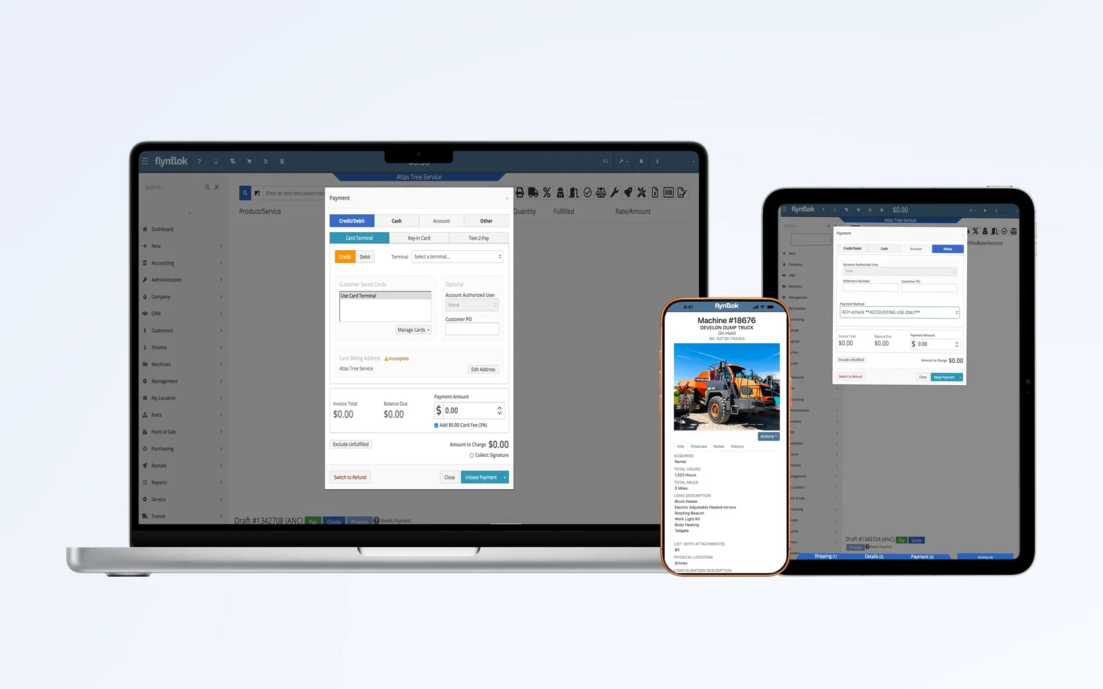 Flyntlok payment screens on a laptop, phone, and tablet, with card terminal, keyed card, and text to pay options