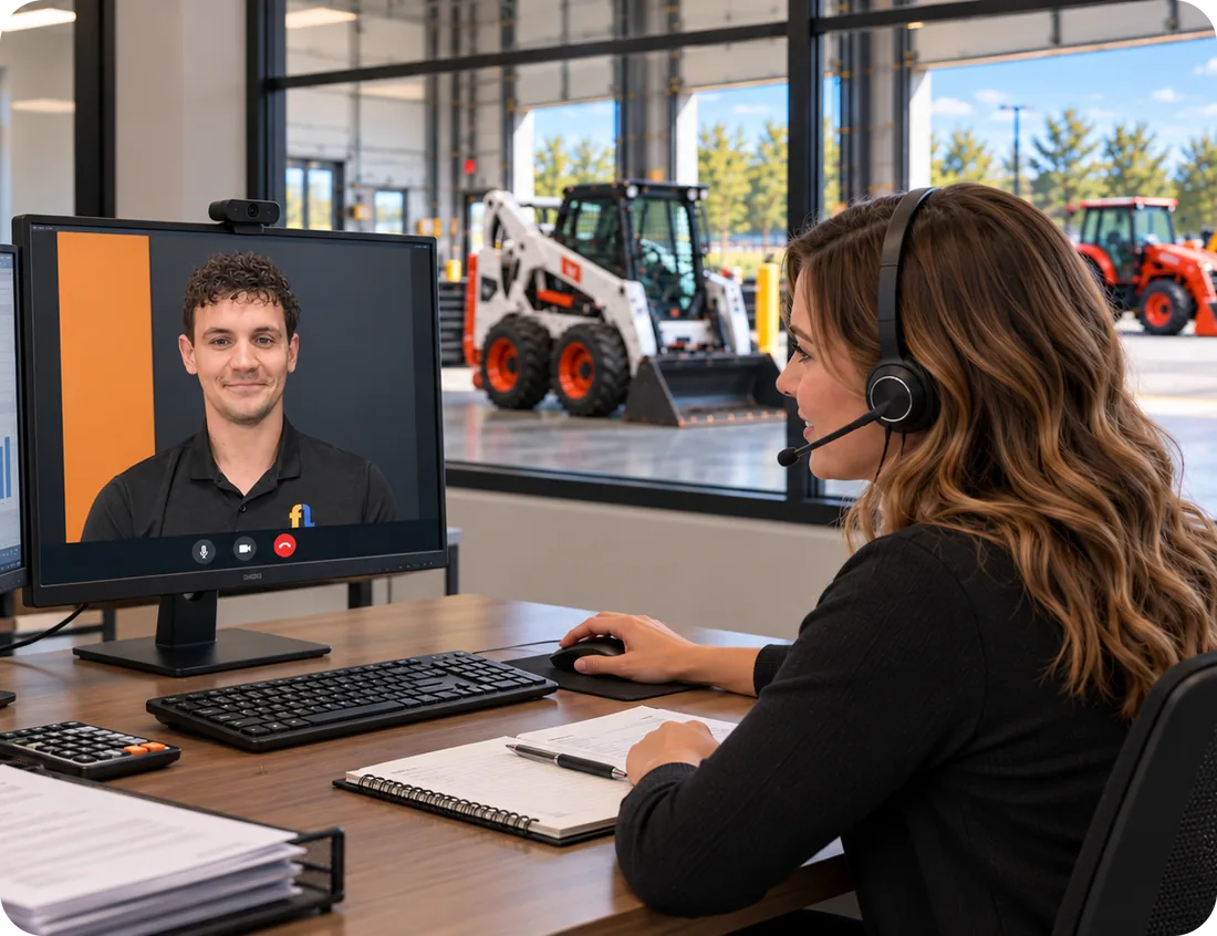 Dealership office manager on a headset video call with a Flyntlok accounting specialist, with a skid steer and tractors outside