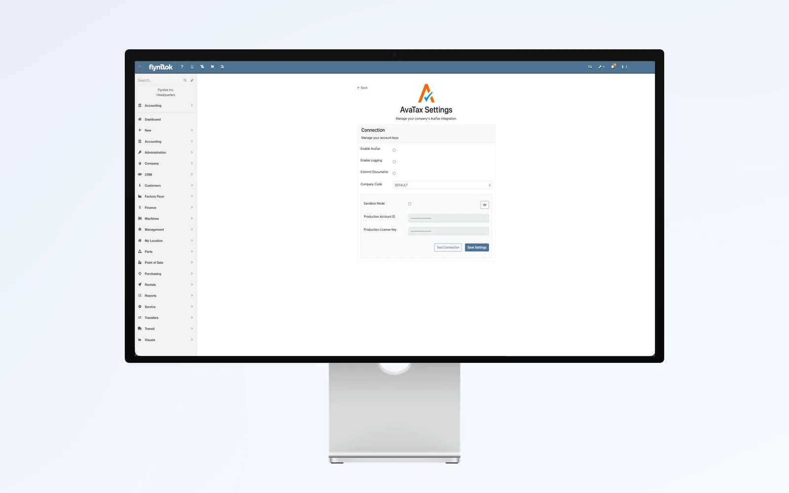 Flyntlok's AvaTax settings on a desktop monitor