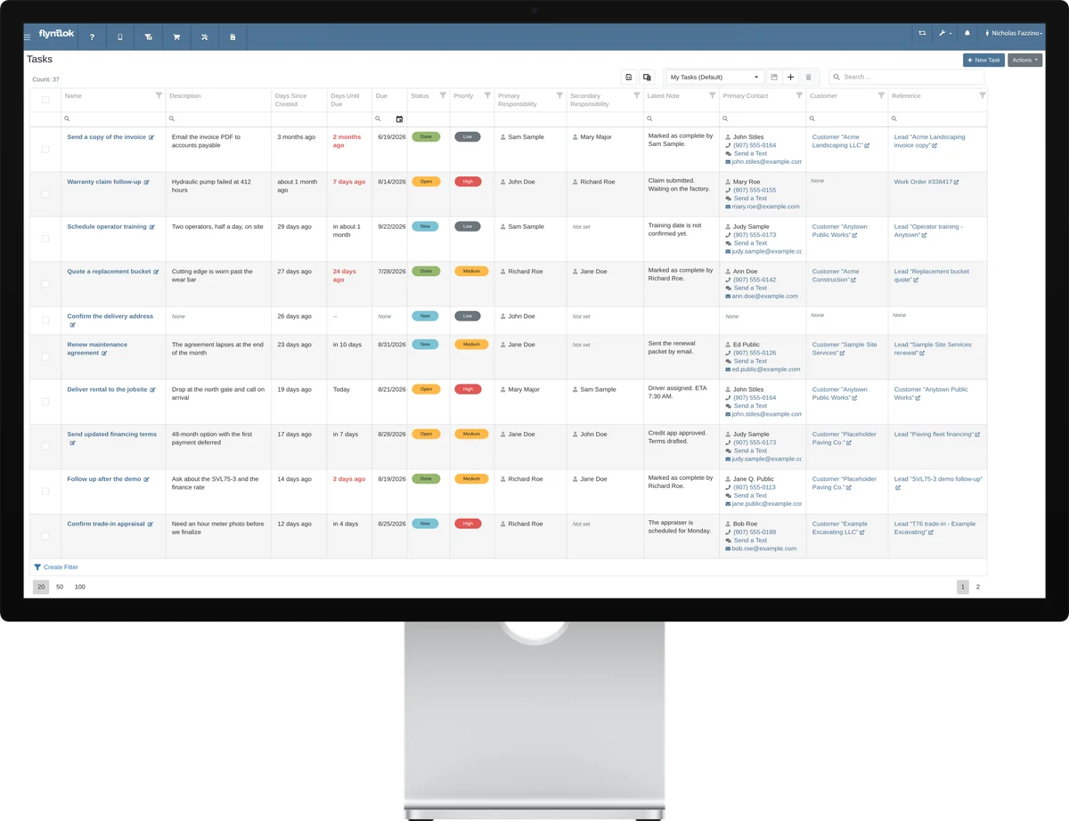 Flyntlok Tasks list on a large display, showing each follow-up's status, priority, owner, contact, customer, and linked lead or work order