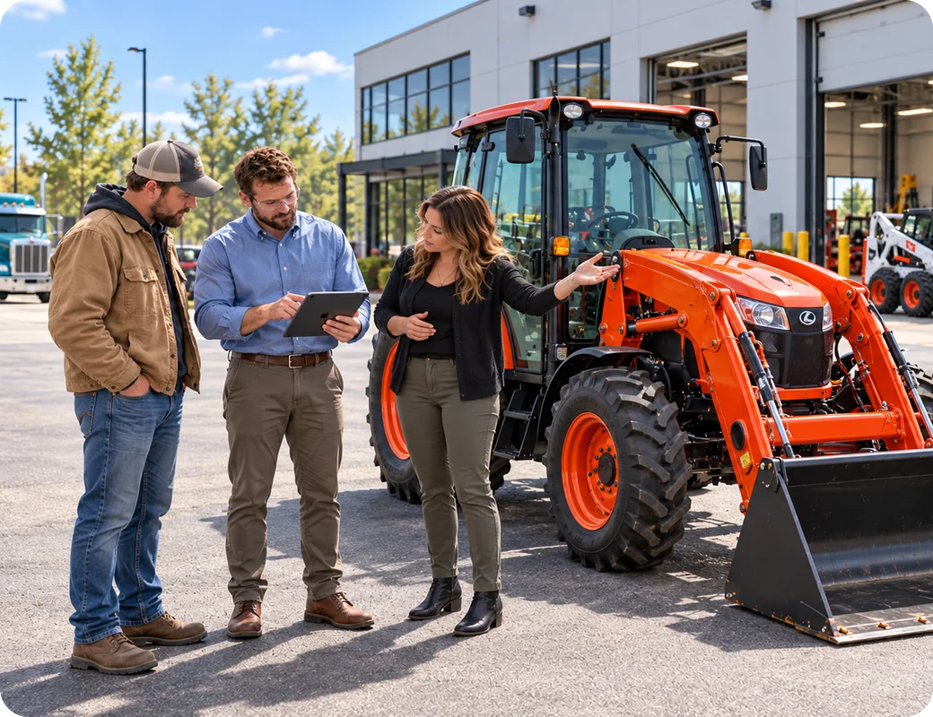 Salesperson checking a tablet with two customers next to a Kubota tractor on the lot