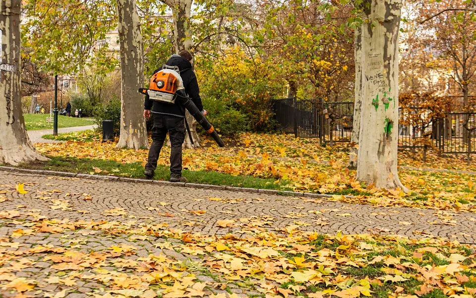Worker clearing fall leaves with a backpack blower