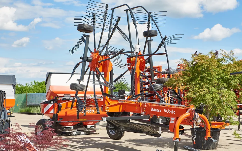 Kubota hay rake on a dealer lot
