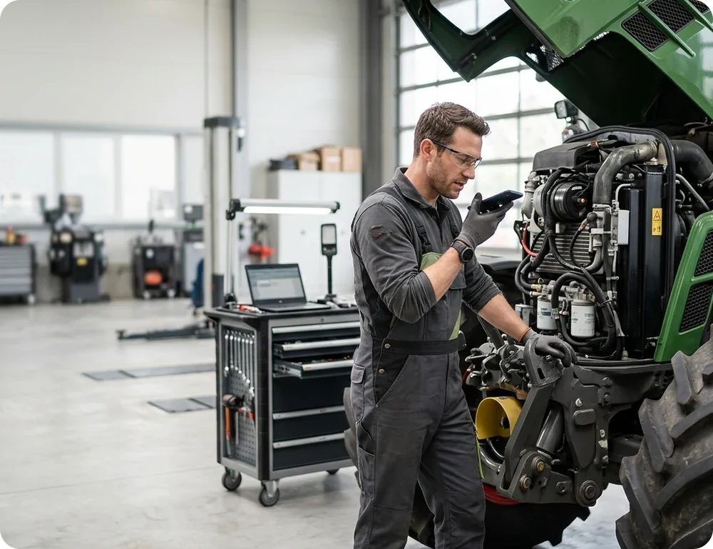 Technician talking into his phone while he works on an open tractor engine in the service bay