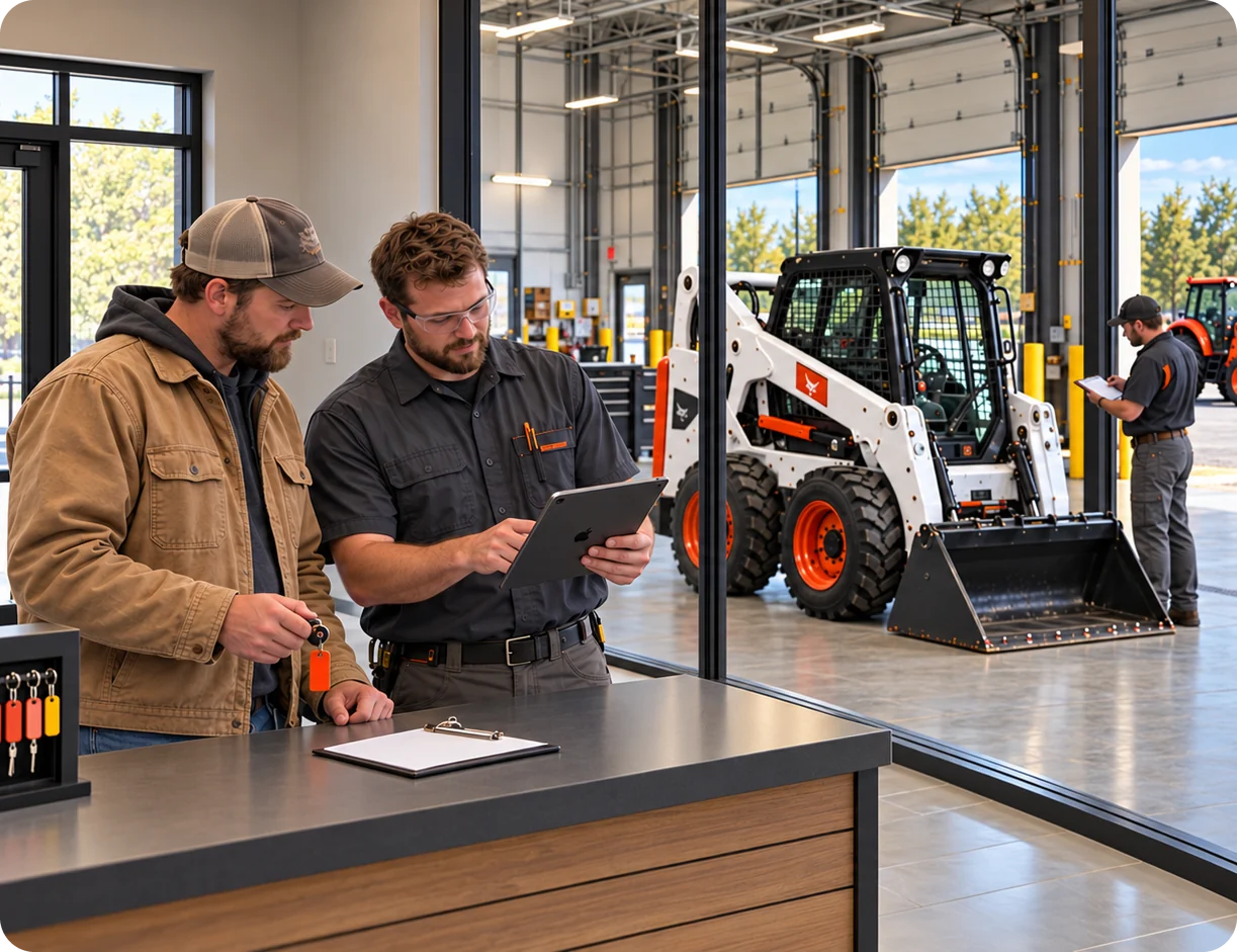 Rental counter employee going over a tablet with a customer at check-in, with a skid steer in the shop behind them