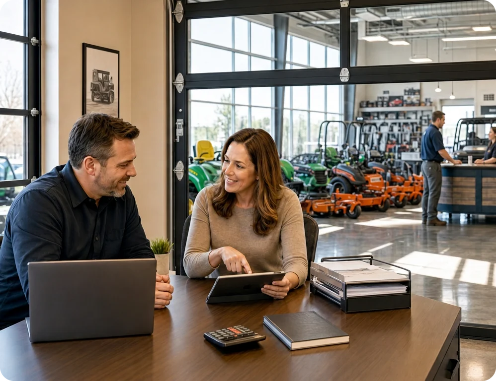 Two dealership managers going over numbers on a tablet in the back office, with the showroom and front counter behind them