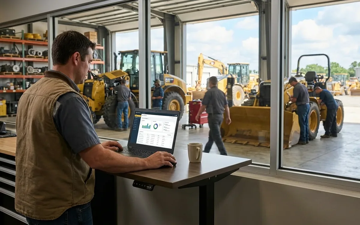 Dealer working in Flyntlok on a laptop, with loaders and excavators on the lot outside the window