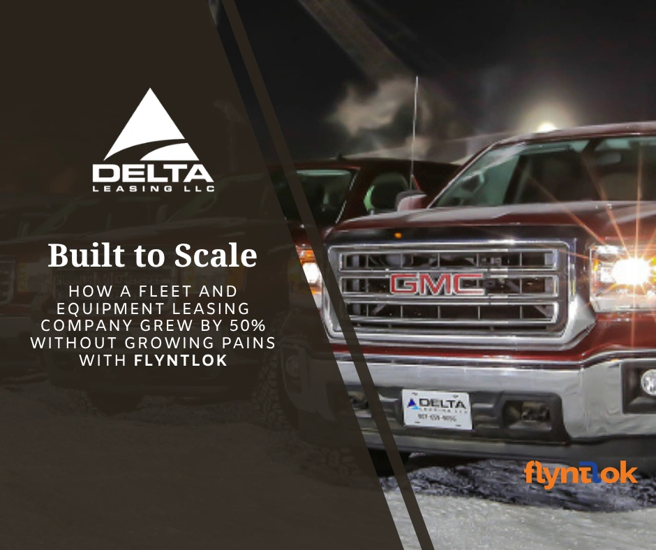 A red GMC pickup with a Delta Leasing plate frame, lit up at night in the snow, with the Delta Leasing logo and the headline Built to Scale