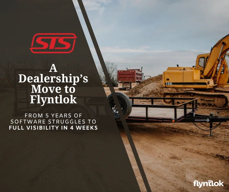 A utility trailer and a yellow excavator on a dirt lot, with the STS logo and the headline A Dealership’s Move to Flyntlok