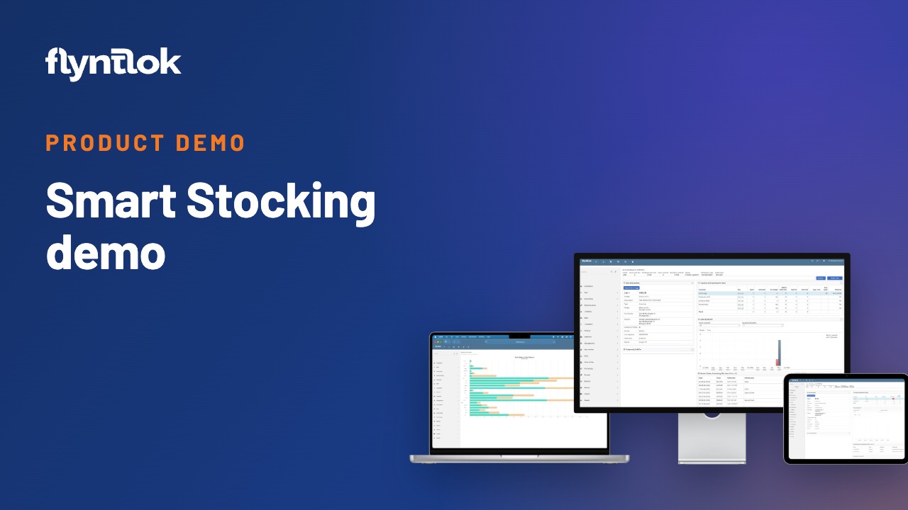 Smart Stocking demo: Flyntlok parts and inventory screens on a laptop, desktop and tablet