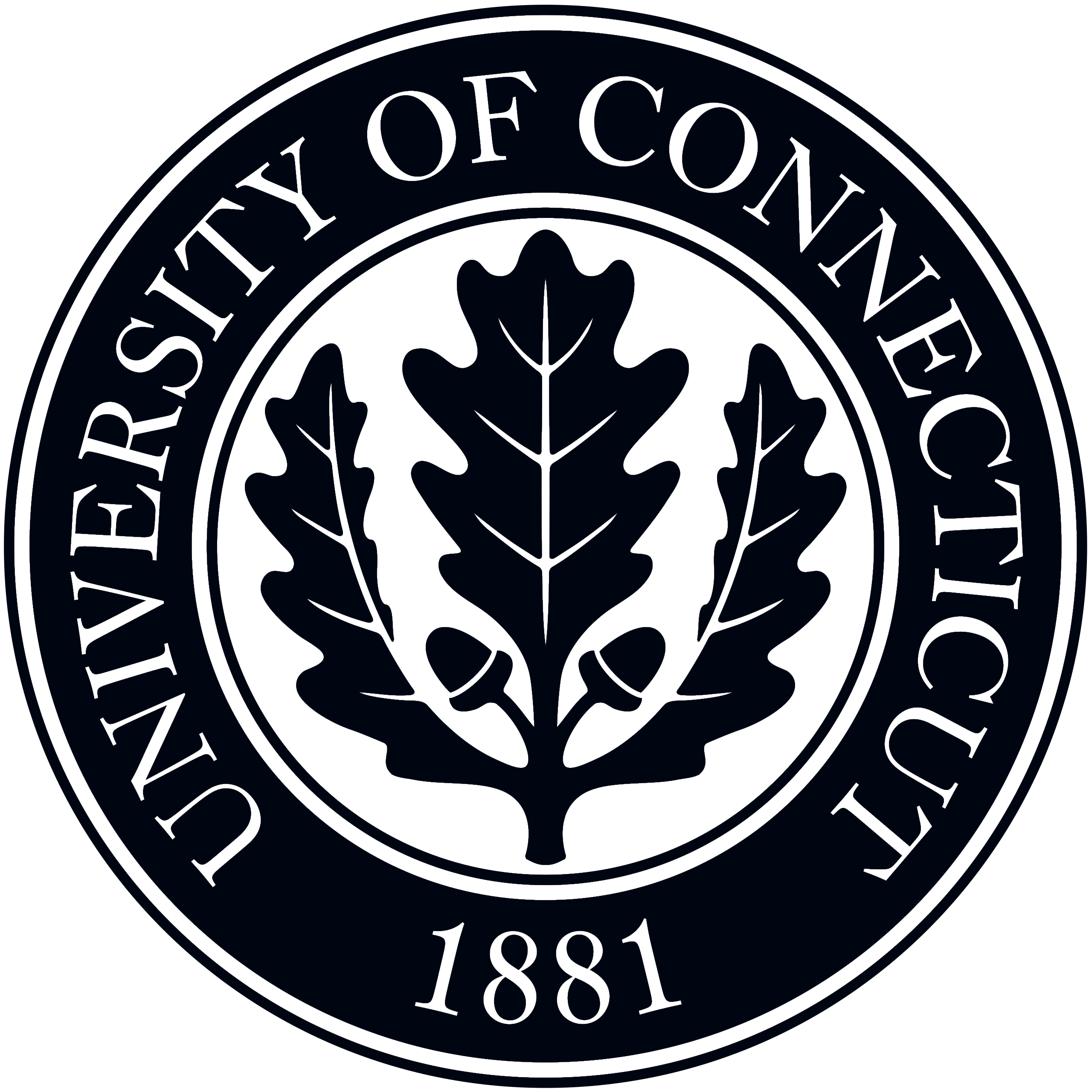 University of Connecticut seal featuring three oak leaves with two acorns and the year 1881.