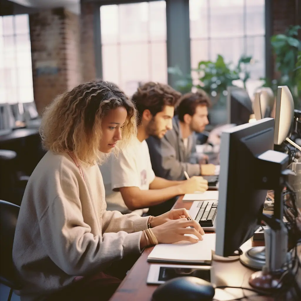 a lady with blonde curly hair using a computer in a office, we can see her coworkers in the background