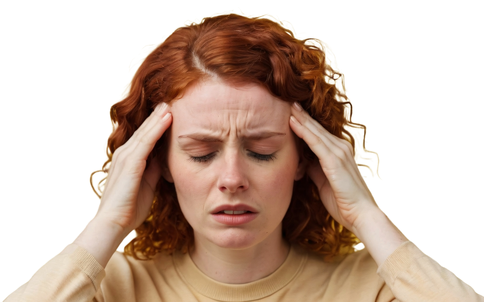Woman experiencing headache and facial pain before cervical spine physical therapy treatment