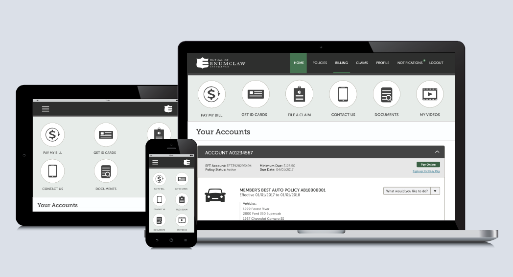 Mutual of Enumclaw, Members Portal home page screenshots